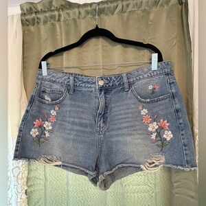 High-Rise Denim Shorts Embroidered Flowers Distressed Size 14 Cottage Girly